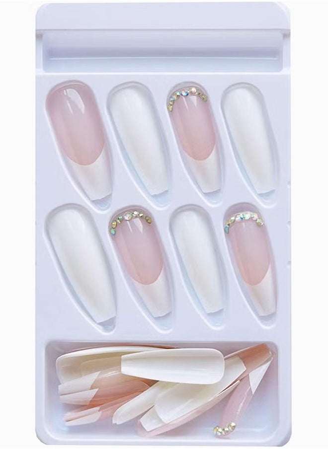 HY Nail Tips, Square Press on Nails Medium Fake Nails White French Tip Acrylic Nails 3D Ballet French 3D Rhinestones 24 Pcs for Women and Girls  - Image 4