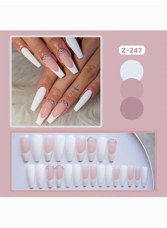 HY Nail Tips, Square Press on Nails Medium Fake Nails White French Tip Acrylic Nails 3D Ballet French 3D Rhinestones 24 Pcs for Women and Girls  - Image 2