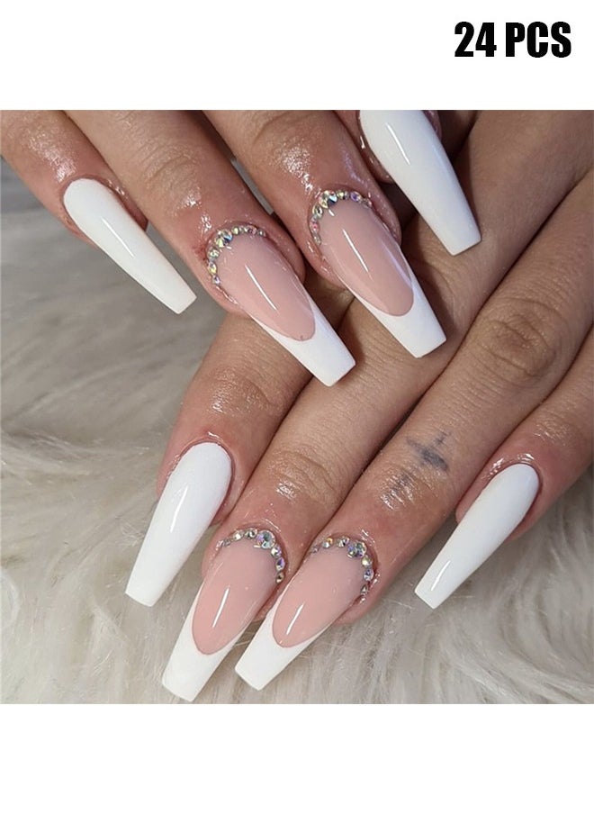 HY Nail Tips, Square Press on Nails Medium Fake Nails White French Tip Acrylic Nails 3D Ballet French 3D Rhinestones 24 Pcs for Women and Girls  - Image 1