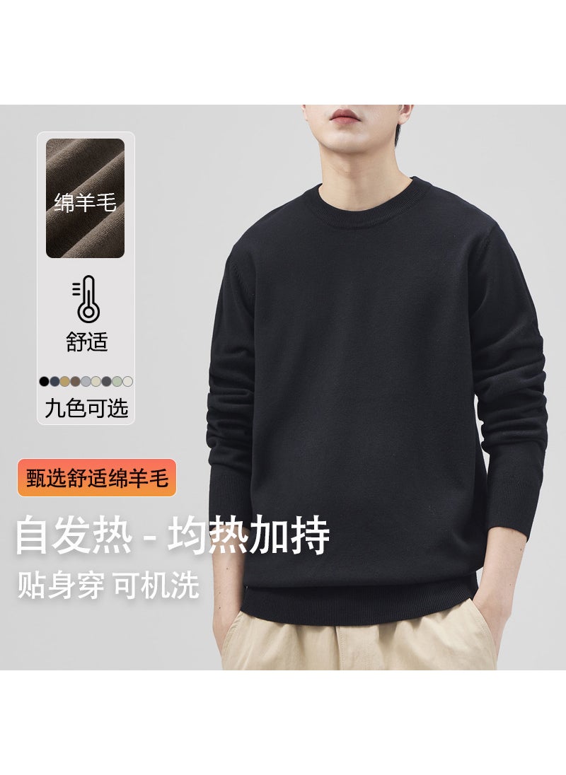 Generic - Self-Heating Lace Wool Sweater Soft Knit Mens Autumn/Winter Base Layer Long Sleeve Round Neck Solid Color Top 3015 black - Image 1