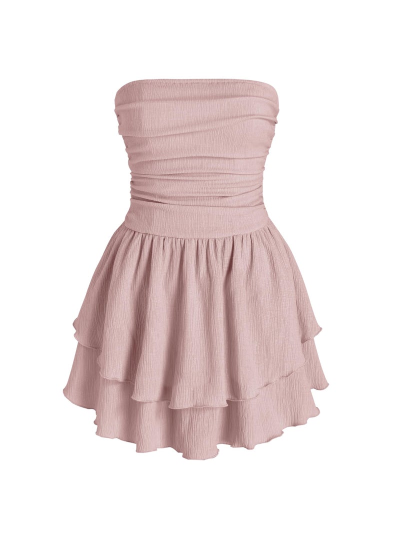 CIDER Women's Summer Cocktail Dress - Tube Ruched Ruffle Mini Dress: Pink, XL - Image 1