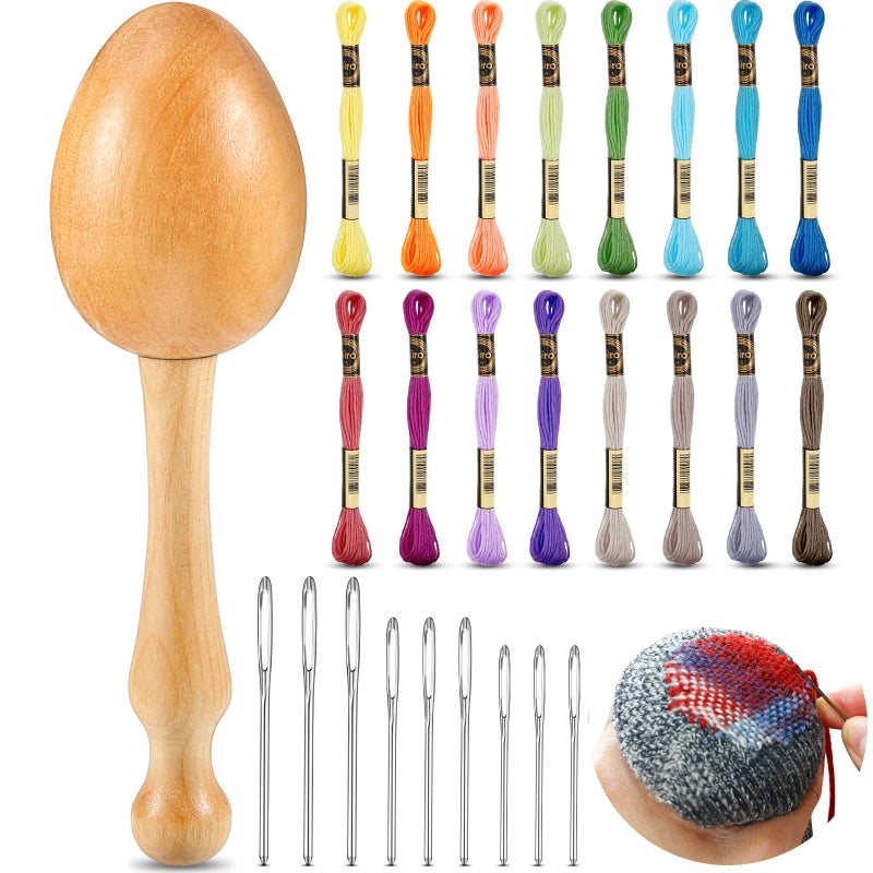 Jexine Jexine Darning Egg for Socks Wooden Darning Supplies Kit with Large Eye Needles Sewing Threads for Socks Clothes Adults Darner DIY Handicraft Home Sewing CareMultiple Color