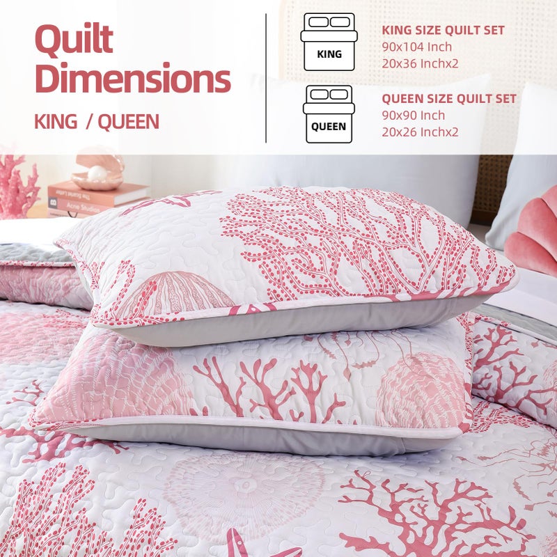 weigelia Coastal Quilts Bedding Set King Size - Pink Summer Nautical Bedding Quilt with Pillow Cases, Beach Reversible Quilt Set Ocean Coral Bedspreads Coverlet Soft Lightweight Comforter - Image 2