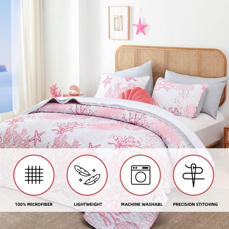 weigelia Coastal Quilts Bedding Set King Size - Pink Summer Nautical Bedding Quilt with Pillow Cases, Beach Reversible Quilt Set Ocean Coral Bedspreads Coverlet Soft Lightweight Comforter - Image 3