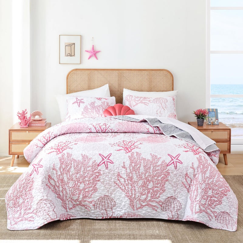 weigelia Coastal Quilts Bedding Set King Size - Pink Summer Nautical Bedding Quilt with Pillow Cases, Beach Reversible Quilt Set Ocean Coral Bedspreads Coverlet Soft Lightweight Comforter - Image 1