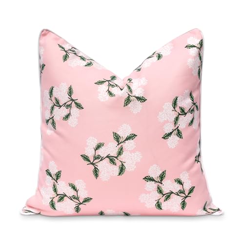 Hofdeco Premium Coastal Patio Indoor Outdoor Throw Pillow Cover Only 20x20 Water Repellent for Backyard Couch Blush Pink Print Hydrangea Flower - Image 1