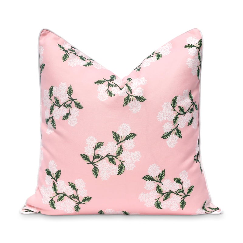 Hofdeco Premium Coastal Patio Indoor Outdoor Throw Pillow Cover Only 20x20 Water Repellent for Backyard Couch Blush Pink Print Hydrangea Flower - Image 2