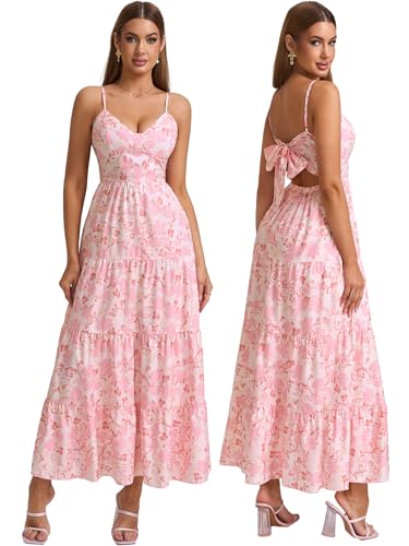 HTZMO Women Casual Summer Floral Maxi Sundress V Neck Spaghetti Strap Bow Tie Backless Flowy Boho Beach Long Dress 2026 Pink Floral M - Image 1