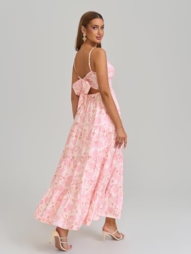 HTZMO Women Casual Summer Floral Maxi Sundress V Neck Spaghetti Strap Bow Tie Backless Flowy Boho Beach Long Dress 2026 Pink Floral M - Image 4