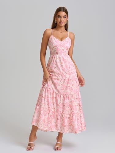 HTZMO Women Casual Summer Floral Maxi Sundress V Neck Spaghetti Strap Bow Tie Backless Flowy Boho Beach Long Dress 2026 Pink Floral M - Image 2