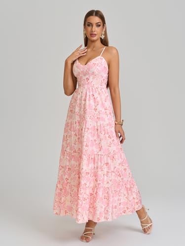 HTZMO Women Casual Summer Floral Maxi Sundress V Neck Spaghetti Strap Bow Tie Backless Flowy Boho Beach Long Dress 2026 Pink Floral M - Image 3