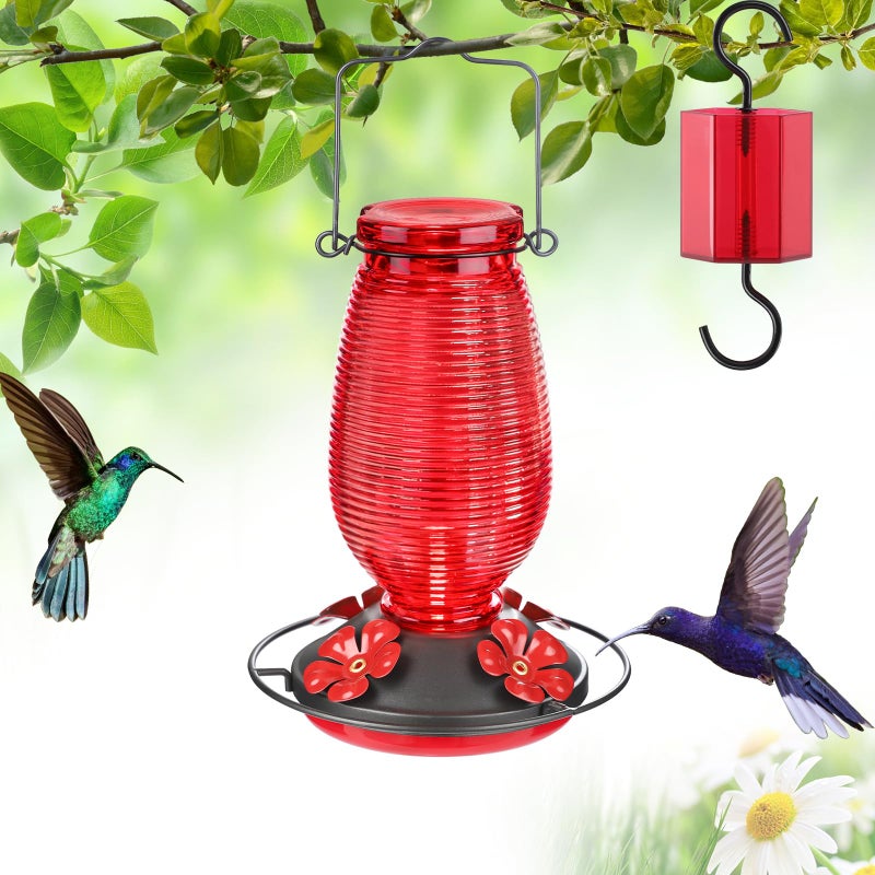 FEED GARDEN Glass Hummingbird Feeder for Outdoors Hanging 20 OZ Humming Birds Feeders with 4 Bee Guard Feeding Ports Builtin Ant Moat Bird Feeder for Outside Red 1 Pack - Image 2