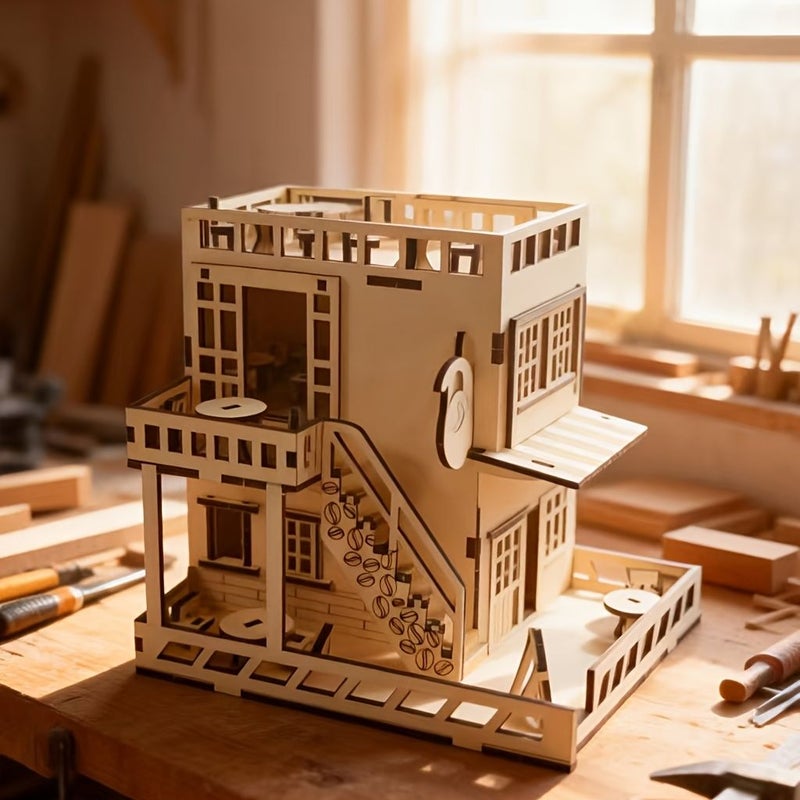 1pc 3D Stereoscopic Puzzle Dream Coffee House Wooden Diy Handicraft Decoration Gift For Adults Stress Relief - Image 3