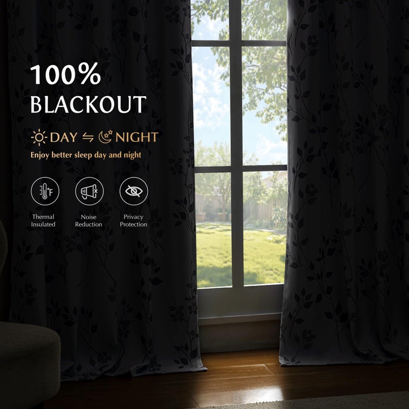 Beauoop Floral 100% Blackout Curtains 63 Inch Length 2 Panels for Bedroom Living Room Grey White Flower Patterned Room Darkening Thermal Insulated Soundproof Grommet Window Treatments Drapes, 52X63 - Image 2