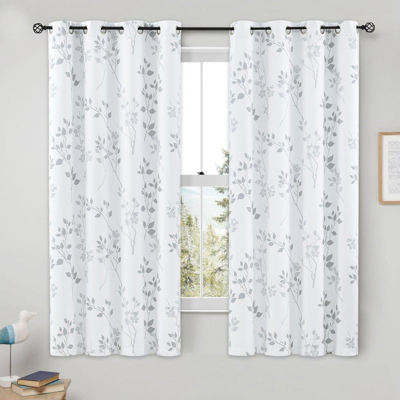 Beauoop Floral 100% Blackout Curtains 63 Inch Length 2 Panels for Bedroom Living Room Grey White Flower Patterned Room Darkening Thermal Insulated Soundproof Grommet Window Treatments Drapes, 52X63 - Image 1