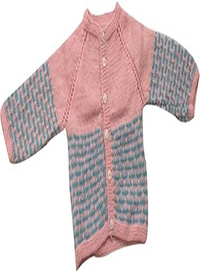 Cute Collection Hand Made Front Open Woolen Sweater with Cap & Booties Set for 0 to 3 Months Baby (Unisex) Pink & Blue - Image 2