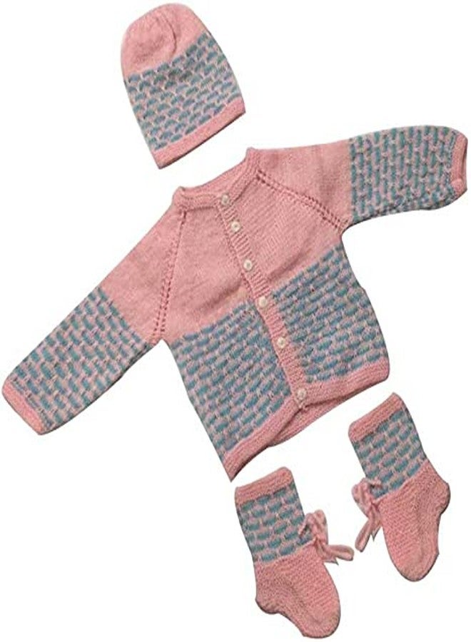 Cute Collection Hand Made Front Open Woolen Sweater with Cap & Booties Set for 0 to 3 Months Baby (Unisex) Pink & Blue - Image 1