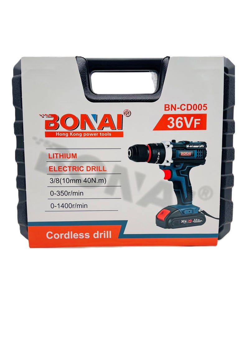 بوناي مثقاب كهربائي ليثيوم 36VF مع 1400 دورة في الدقيقة 3/8 (10 مم 40 نيوتن متر) مجموعة ملحقات تشاك بدون مفتاح خفيفة الوزن محمولة لحفر مجموعة متنوعة من المواد الخشبية والمعدنية والبلاستيكية (BN-CD005) - Image 2