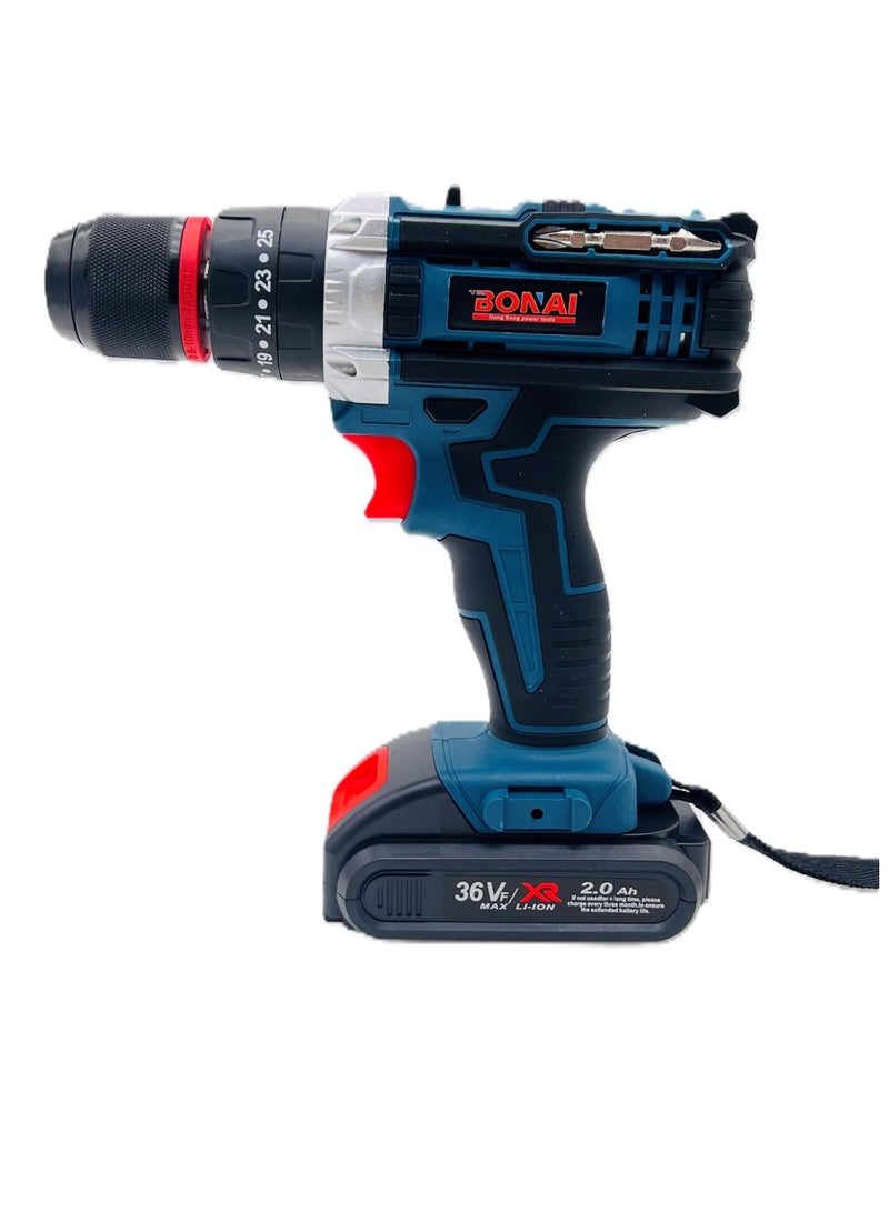 بوناي مثقاب كهربائي ليثيوم 36VF مع 1400 دورة في الدقيقة 3/8 (10 مم 40 نيوتن متر) مجموعة ملحقات تشاك بدون مفتاح خفيفة الوزن محمولة لحفر مجموعة متنوعة من المواد الخشبية والمعدنية والبلاستيكية (BN-CD005) - Image 4