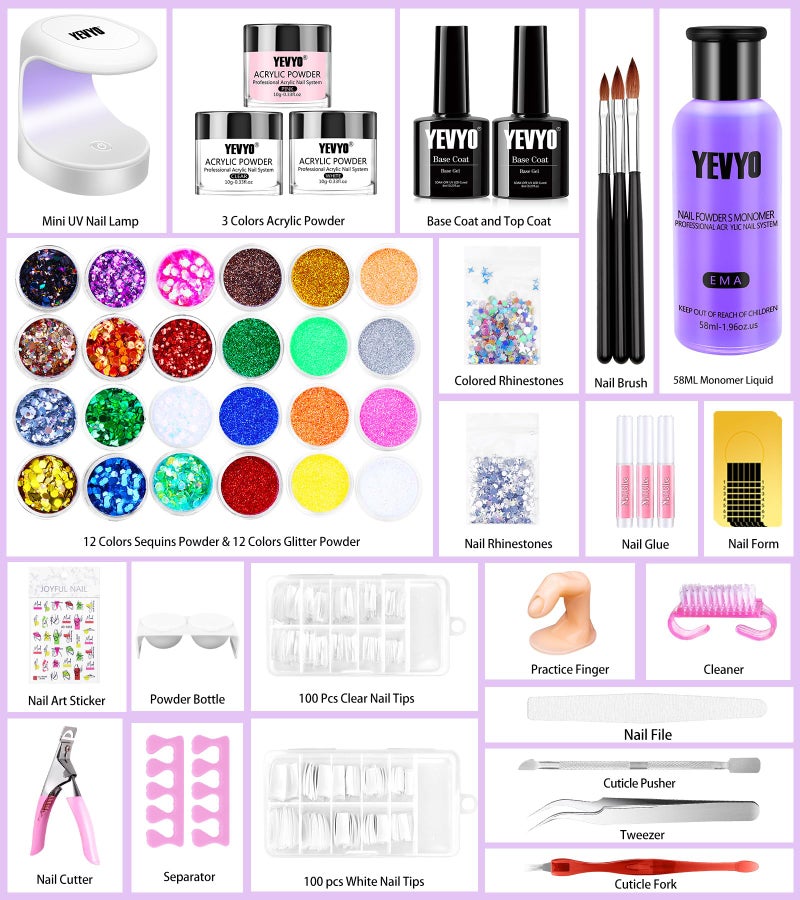 YEVYO Acrylic Nail Kit With Everything For Beginners, Professional Nail Starter Kit , 24 Color Glitter Acrylic Powder and Liquid Monomer Set, Nail Glitter And DIY Nail Art Tools - Image 2