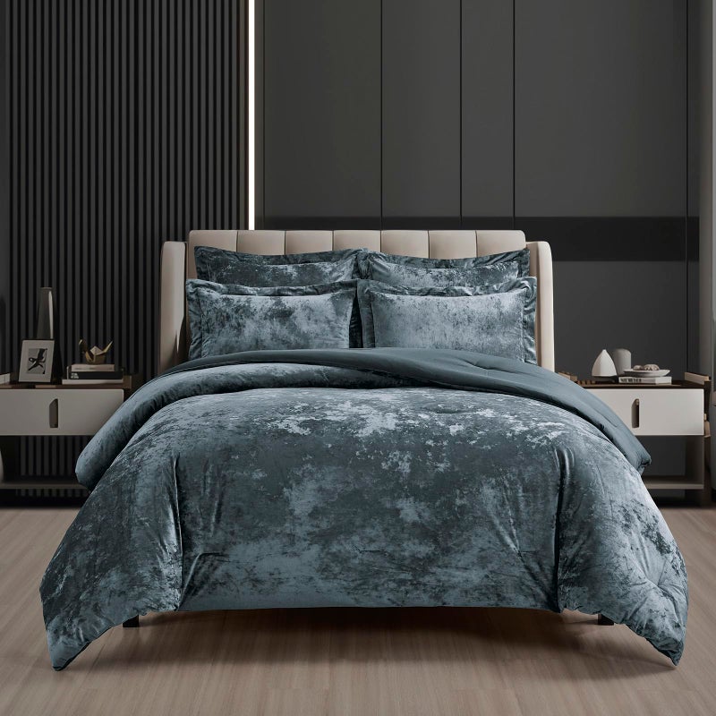 Fredsure Distressed Velvet Comforter Set, 5 Pieces Smoke Blue Queen, Distressed Velvet Face and Brushed Microfiber Reverse - Image 1