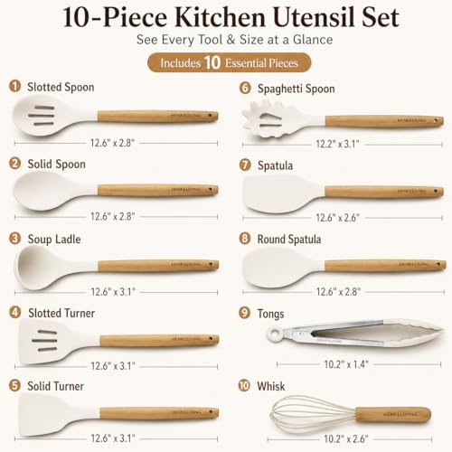 HENKELIVING Silicone 10 Pcs Kitchen Cooking Utensils Set, Recycled Materials Certification, BPA Free Spatula Set with Heat Resistant Wood Handles for Nonstick Cookware, Cream White - Image 2