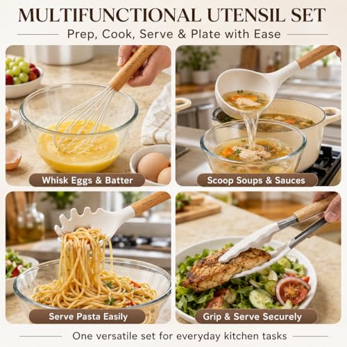 HENKELIVING Silicone 10 Pcs Kitchen Cooking Utensils Set, Recycled Materials Certification, BPA Free Spatula Set with Heat Resistant Wood Handles for Nonstick Cookware, Cream White - Image 4