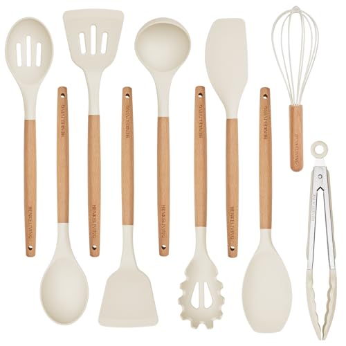 HENKELIVING Silicone 10 Pcs Kitchen Cooking Utensils Set, Recycled Materials Certification, BPA Free Spatula Set with Heat Resistant Wood Handles for Nonstick Cookware, Cream White - Image 1