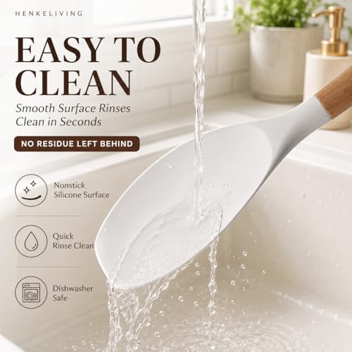 HENKELIVING Silicone 10 Pcs Kitchen Cooking Utensils Set, Recycled Materials Certification, BPA Free Spatula Set with Heat Resistant Wood Handles for Nonstick Cookware, Cream White - Image 5
