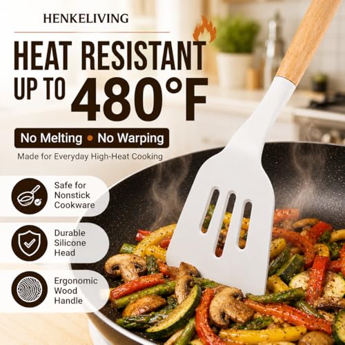 HENKELIVING Silicone 10 Pcs Kitchen Cooking Utensils Set, Recycled Materials Certification, BPA Free Spatula Set with Heat Resistant Wood Handles for Nonstick Cookware, Cream White - Image 3