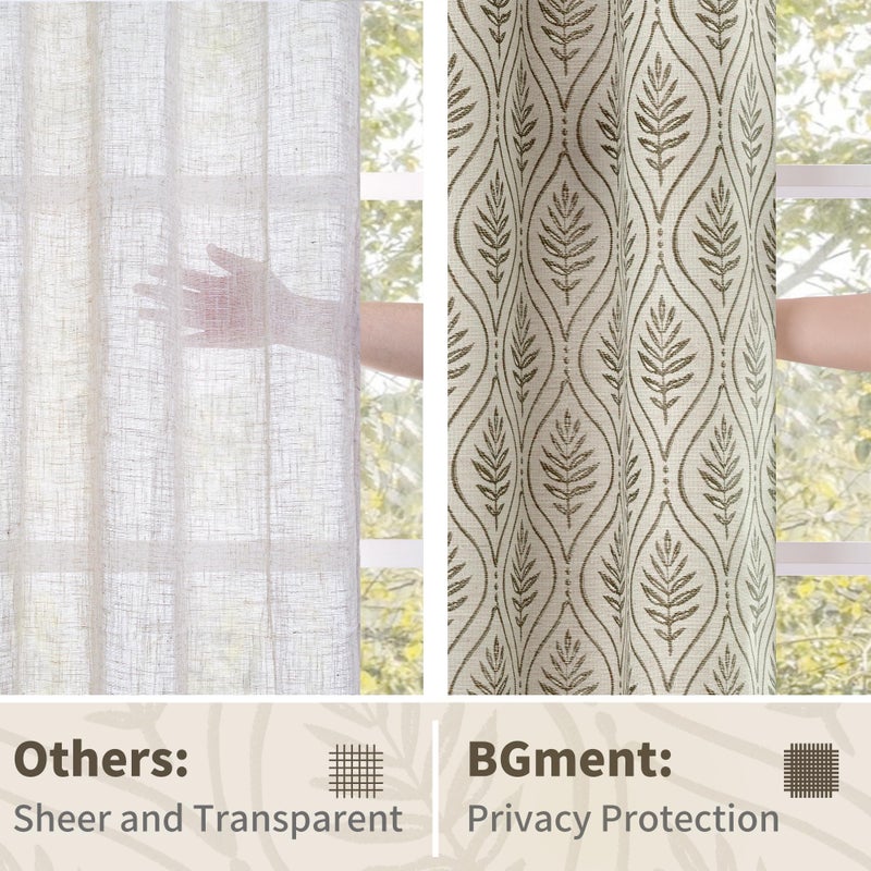 BGment Beige French Country Curtains 63 Inches Long for Bedroom, Leaf Jacquard Botanical Pattern Cottage Core Boho Vintage Semi Sheer Linen Window Drapes, 2 Panels, 52 x 63 Inch - Image 5