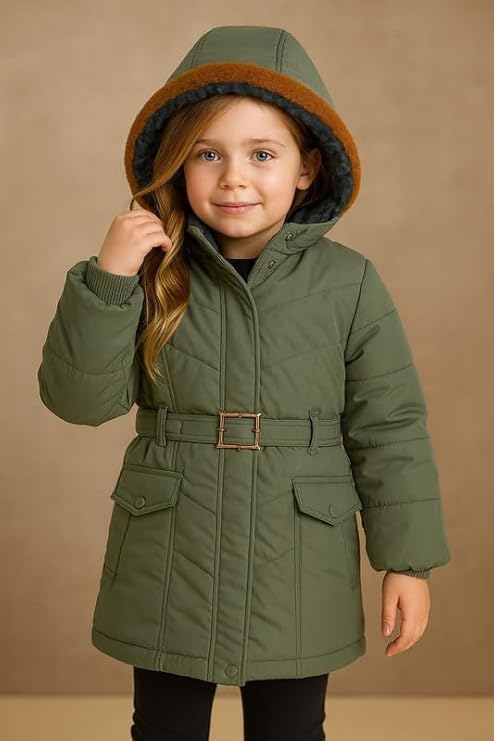 Krystle Girls’ Hooded Winter Jacket – Warm Quilted Puffer Coat with Belt, Water-Resistant Outerwear for Cold Weather (Green,5-6 Years) (Cool Dezine) - Image 2
