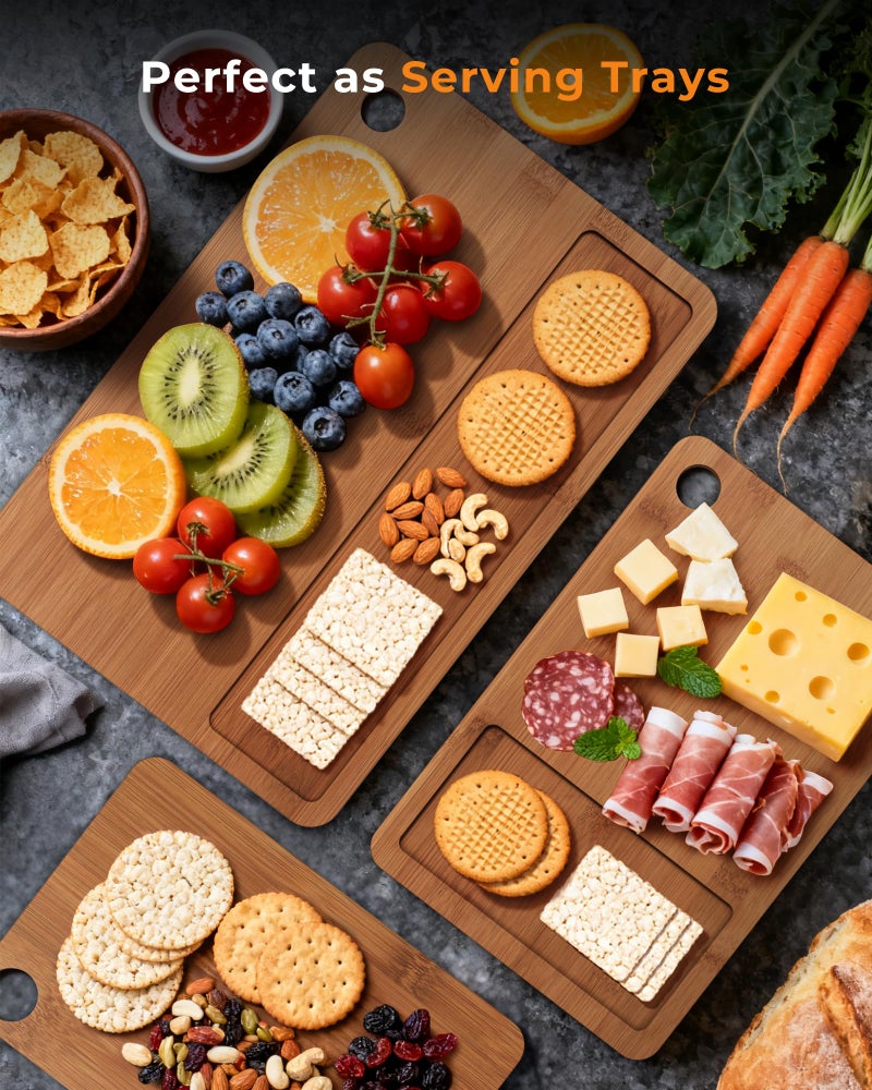 Mooues Bamboo Cutting Board for Kitchen, Knife-Friendly Wooden Cutting Boards Set 3-Piece with Juice Groove, Durable Chopping Boards for Meat, Vegetables, Fruits, Cheese â€“ Multi-Purpose, Kitchen Gifts - Image 5