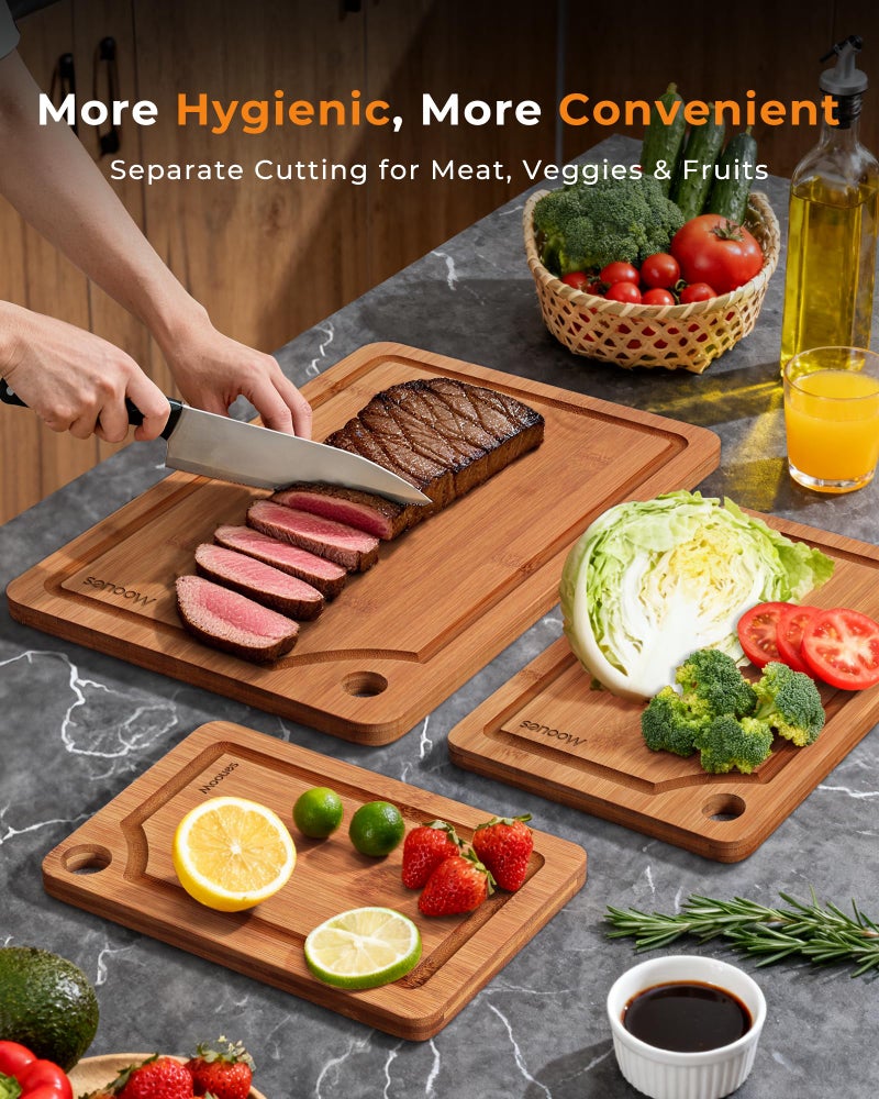 Mooues Bamboo Cutting Board for Kitchen, Knife-Friendly Wooden Cutting Boards Set 3-Piece with Juice Groove, Durable Chopping Boards for Meat, Vegetables, Fruits, Cheese â€“ Multi-Purpose, Kitchen Gifts - Image 3