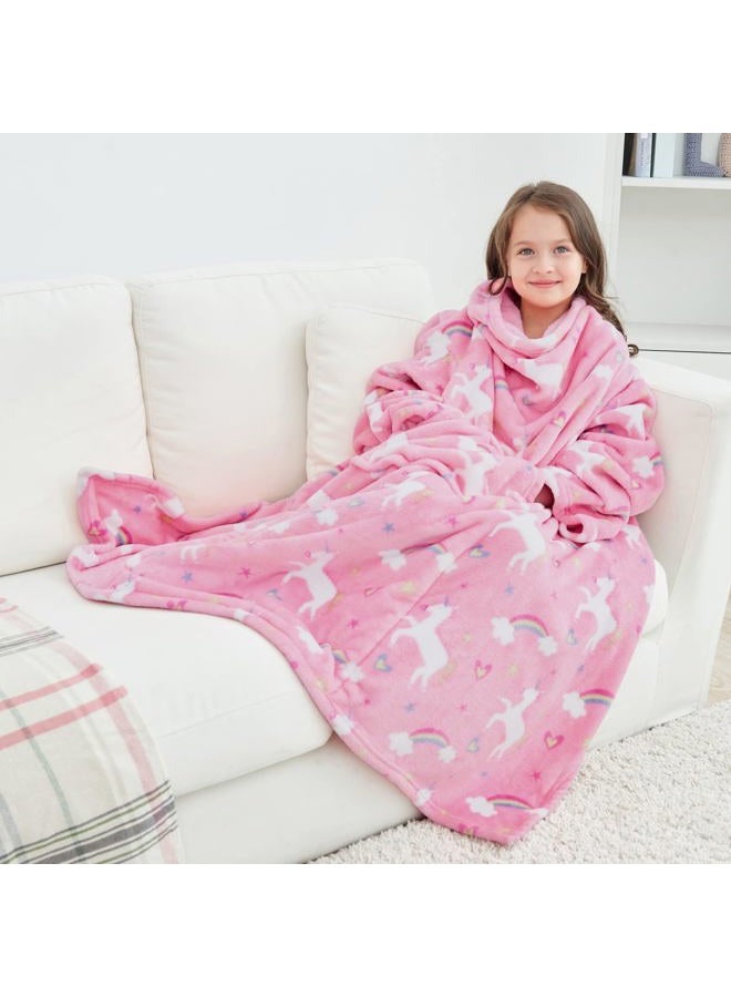softan Wearable Fleece Blanket with Sleeves & Foot Pocket for Kids Boys Girls Children,Lightweight Soft Blanket with Sleeves and Hook & Loop 55" x 48" Pink Unicorn - Image 1