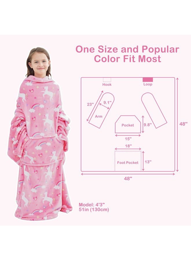 softan Wearable Fleece Blanket with Sleeves & Foot Pocket for Kids Boys Girls Children,Lightweight Soft Blanket with Sleeves and Hook & Loop 55" x 48" Pink Unicorn - Image 3