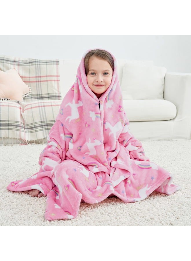 softan Wearable Fleece Blanket with Sleeves & Foot Pocket for Kids Boys Girls Children,Lightweight Soft Blanket with Sleeves and Hook & Loop 55" x 48" Pink Unicorn - Image 5