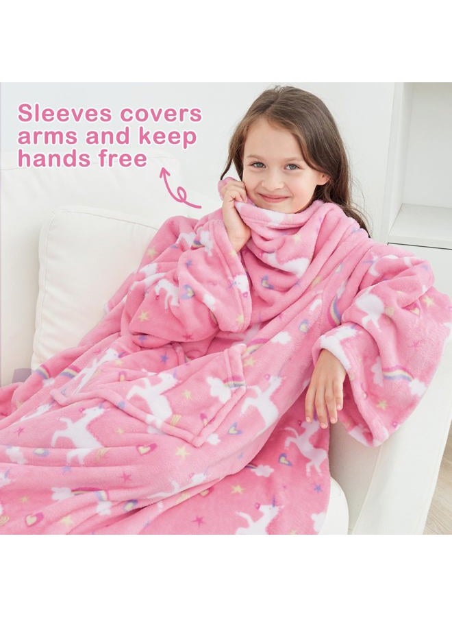 softan Wearable Fleece Blanket with Sleeves & Foot Pocket for Kids Boys Girls Children,Lightweight Soft Blanket with Sleeves and Hook & Loop 55" x 48" Pink Unicorn - Image 4