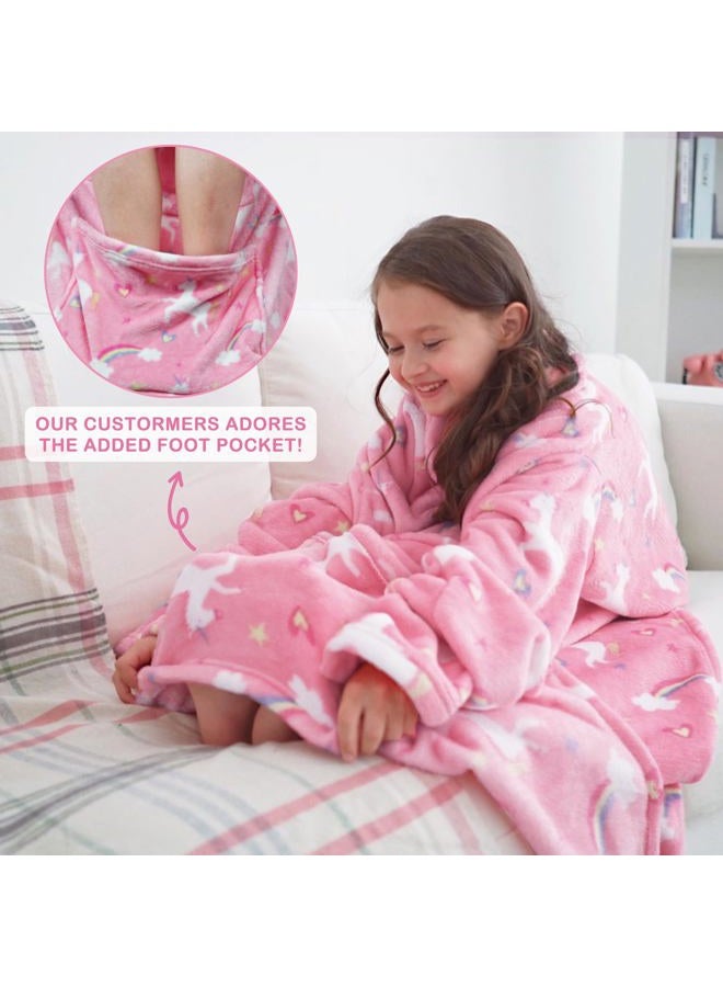 softan Wearable Fleece Blanket with Sleeves & Foot Pocket for Kids Boys Girls Children,Lightweight Soft Blanket with Sleeves and Hook & Loop 55" x 48" Pink Unicorn - Image 2