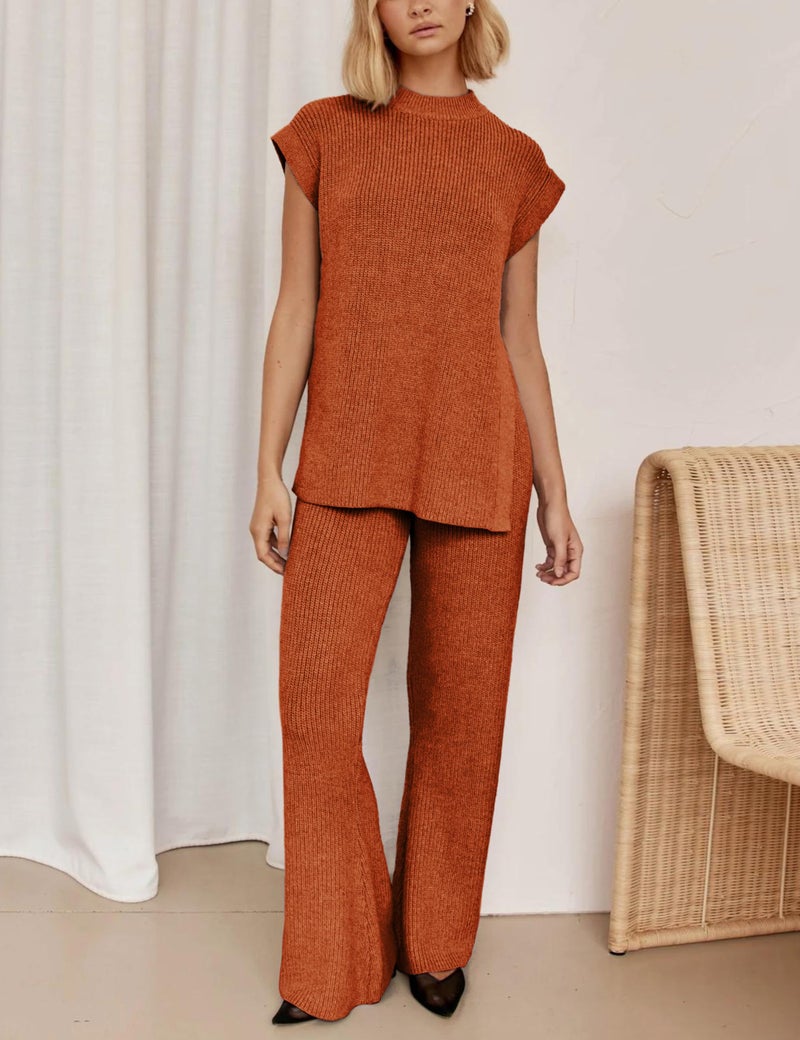 Lviefent Womens 2 Piece Outfits Sweater Set Sleeveless Side Slit Pullover Top Knit Wide Leg Pants Lounge Matching Sets (Rust-XS) - Image 2