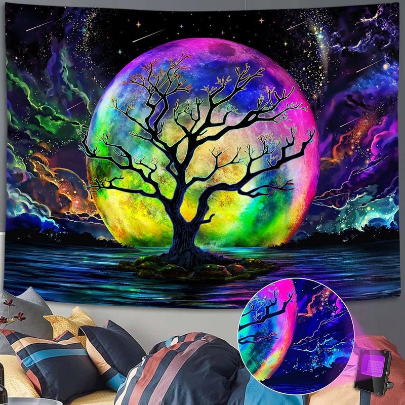 Faxdong Blacklight Moon Tapestry, UV Reactive Tree Lake Colorful Starry Night Galaxy Space Clouds Wall tapestry for Bedroom Decor 36×48 inch - Image 4