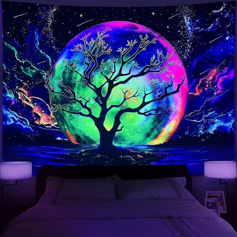 Faxdong Blacklight Moon Tapestry, UV Reactive Tree Lake Colorful Starry Night Galaxy Space Clouds Wall tapestry for Bedroom Decor 36×48 inch - Image 3