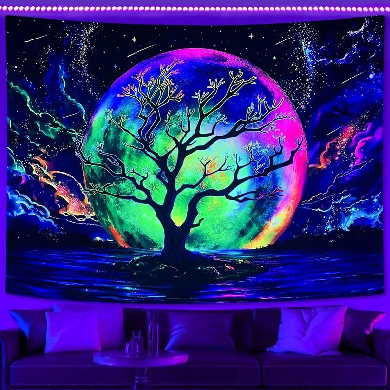Faxdong Blacklight Moon Tapestry, UV Reactive Tree Lake Colorful Starry Night Galaxy Space Clouds Wall tapestry for Bedroom Decor 36×48 inch - Image 2