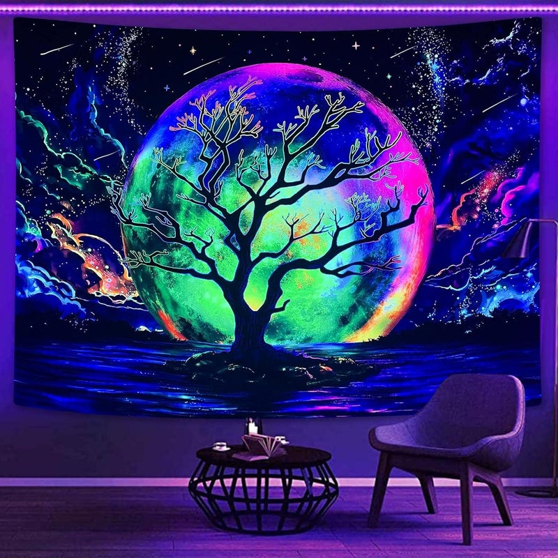 Faxdong Blacklight Moon Tapestry, UV Reactive Tree Lake Colorful Starry Night Galaxy Space Clouds Wall tapestry for Bedroom Decor 36×48 inch - Image 1