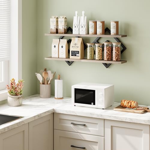 ELYKEN Floating Shelves for Wall, Set of 2 Hanging Shelves, 2-Tier Wall Mounted Storage Shelves for Books & Decor, Perfect for Living Room, Bedroom, Kitchen, Home Office, Study, Greige - Image 3
