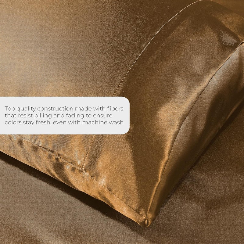 Pure Bedding Satin Sheets Twin [3-Piece, Coffee] Hotel Luxury Silky Bed Sheets - Extra Soft 1800 Microfiber Sheet Set, Wrinkle, Fade, Stain Resistant - Deep Pocket Fitted Sheet, Flat Sheet, Pillow Cases - Image 3