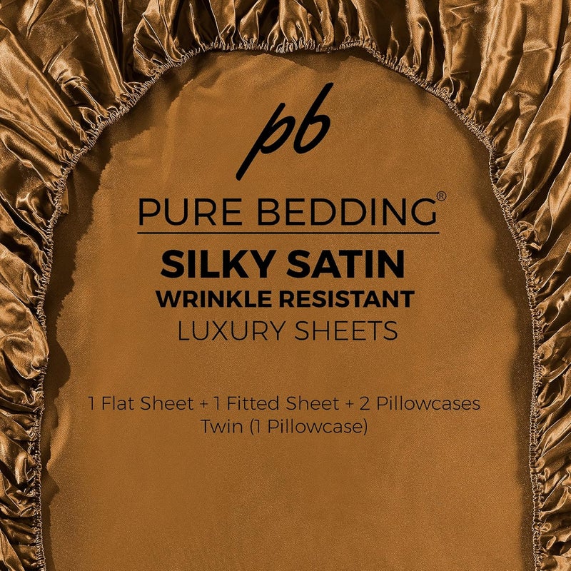Pure Bedding Satin Sheets Twin [3-Piece, Coffee] Hotel Luxury Silky Bed Sheets - Extra Soft 1800 Microfiber Sheet Set, Wrinkle, Fade, Stain Resistant - Deep Pocket Fitted Sheet, Flat Sheet, Pillow Cases - Image 5