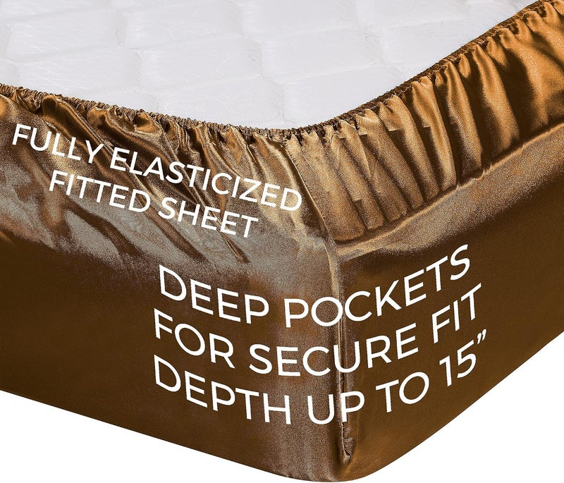 Pure Bedding Satin Sheets Twin [3-Piece, Coffee] Hotel Luxury Silky Bed Sheets - Extra Soft 1800 Microfiber Sheet Set, Wrinkle, Fade, Stain Resistant - Deep Pocket Fitted Sheet, Flat Sheet, Pillow Cases - Image 4