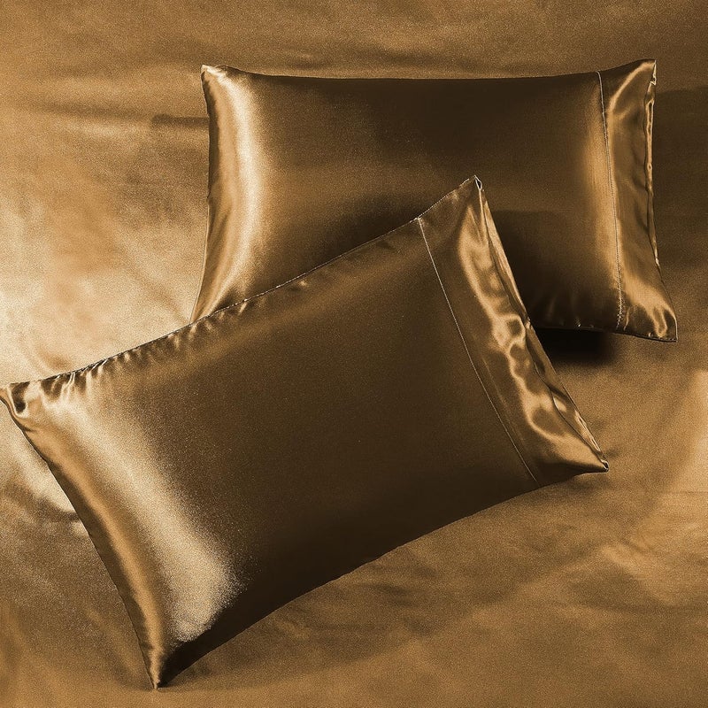 Pure Bedding Satin Sheets Twin [3-Piece, Coffee] Hotel Luxury Silky Bed Sheets - Extra Soft 1800 Microfiber Sheet Set, Wrinkle, Fade, Stain Resistant - Deep Pocket Fitted Sheet, Flat Sheet, Pillow Cases - Image 2