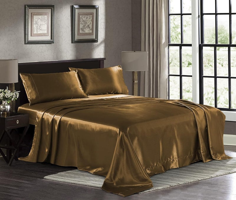 Pure Bedding Satin Sheets Twin [3-Piece, Coffee] Hotel Luxury Silky Bed Sheets - Extra Soft 1800 Microfiber Sheet Set, Wrinkle, Fade, Stain Resistant - Deep Pocket Fitted Sheet, Flat Sheet, Pillow Cases - Image 1